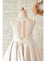 Ball Gown Satin Sleeveless Jewel Neck Wedding Birthday Flower Girl Dresses-27dress