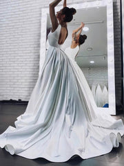 Ball Gown Satin Wedding Dress with Square Neckline and Sweep Train - Sashes / Ribbons Included