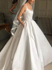 Ball Gown Square Neckline Satin Sweep Train Wedding Dresses With Pockets