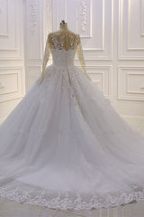 Ball Gown Tulle Appliqus Wedding Dress Long Sleeves Jewel Beading Ruffles Bridal Gowns On Sale-27dress