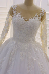Ball Gown Tulle Appliqus Wedding Dress Long Sleeves Jewel Beading Ruffles Bridal Gowns On Sale-27dress