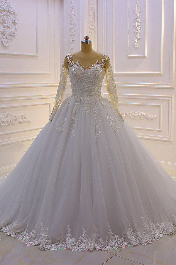 Ball Gown Tulle Appliqus Wedding Dress Long Sleeves Jewel Beading Ruffles Bridal Gowns On Sale-27dress