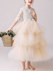 Ball Gown Tulle Jewel Neck Pageant Flower Girl Dresses With Sleeves-27dress