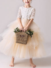 Ball Gown Tulle Jewel Neck Pageant Flower Girl Dresses With Sleeves-27dress