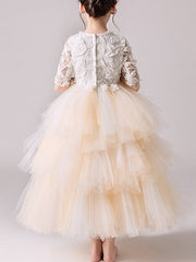 Ball Gown Tulle Jewel Neck Pageant Flower Girl Dresses With Sleeves-27dress