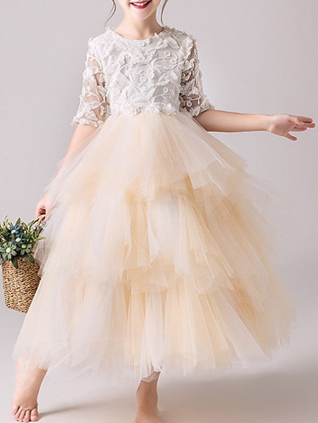 Ball Gown Tulle Jewel Neck Pageant Flower Girl Dresses With Sleeves-27dress