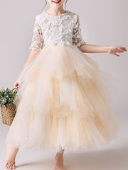 Ball Gown Tulle Jewel Neck Pageant Flower Girl Dresses With Sleeves-27dress