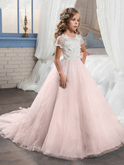 Ball Gown Tulle Short Sleeve Jewel Neck Sweep Brush Train Wedding Party Flower Girl Dresses-27dress