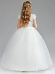 Ball Gown Tulle Short Sleeve V Neck Wedding Party Flower Girl Dresses-27dress