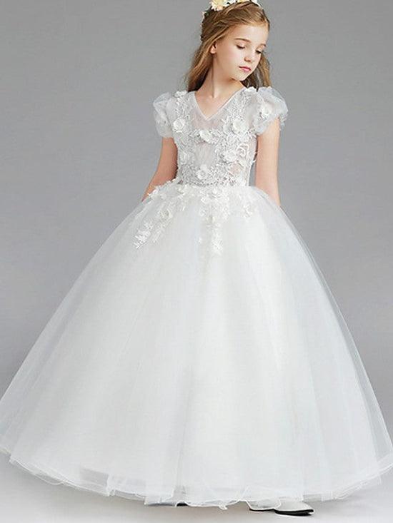 Ball Gown Tulle Short Sleeve V Neck Wedding Party Flower Girl Dresses-27dress