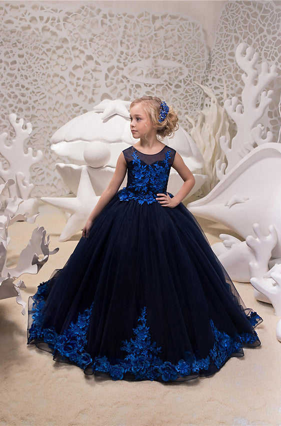 Ball Gown Tulle Sleeveless Jewel Neck Sweep Brush Train Wedding Party Flower Girl Dresses-27dress