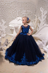 Ball Gown Tulle Sleeveless Jewel Neck Sweep Brush Train Wedding Party Flower Girl Dresses-27dress