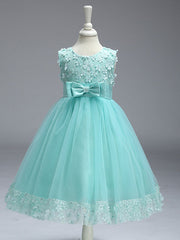 Ball Gown Tulle Sleeveless Jewel Neck Wedding Party Flower Girl Dresses With Bow-27dress