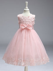 Ball Gown Tulle Sleeveless Jewel Neck Wedding Party Flower Girl Dresses With Bow-27dress