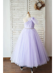 Ball Gown Tulle Sleeveless One Shoulder Wedding Birthday Flower Girl Dresses-27dress