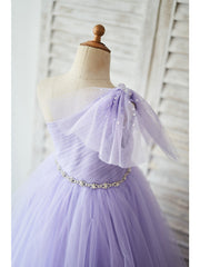 Ball Gown Tulle Sleeveless One Shoulder Wedding Birthday Flower Girl Dresses-27dress