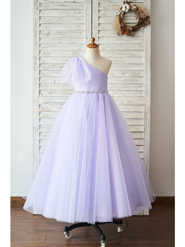 Ball Gown Tulle Sleeveless One Shoulder Wedding Birthday Flower Girl Dresses-27dress