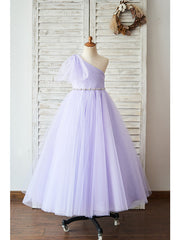 Ball Gown Tulle Sleeveless One Shoulder Wedding Birthday Flower Girl Dresses-27dress