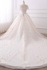 Ball Gown V-Neck Tulle Beadings Wedding Dress Lace Appliques Short Sleeves Bridal Gowns with Flowers On Sale-27dress