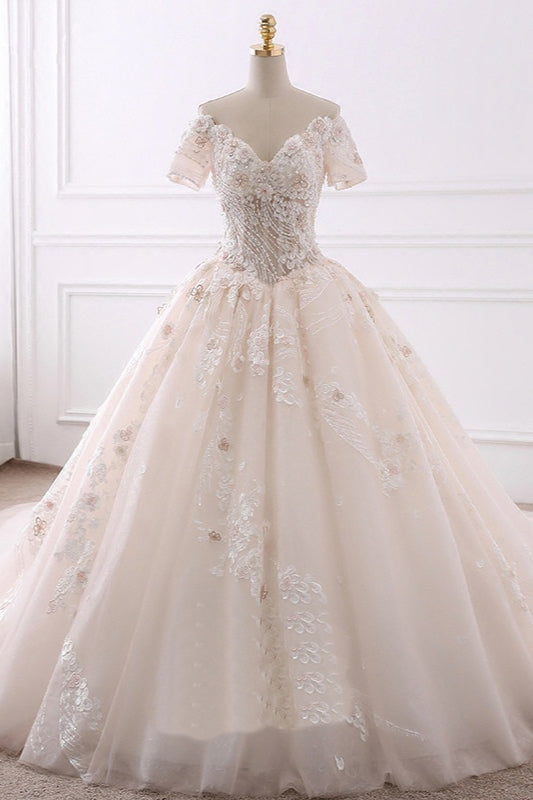 Ball Gown V-Neck Tulle Beadings Wedding Dress Lace Appliques Short Sleeves Bridal Gowns with Flowers On Sale-27dress