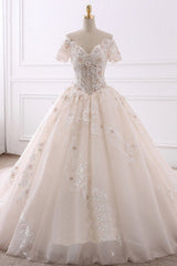 Ball Gown V-Neck Tulle Beadings Wedding Dress Lace Appliques Short Sleeves Bridal Gowns with Flowers On Sale-27dress