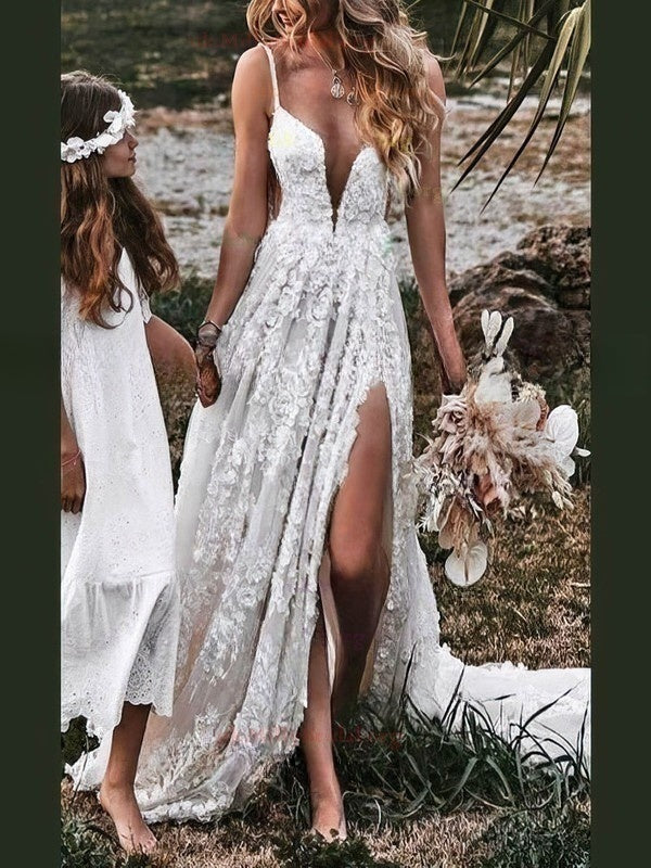 Ball Gown V-neck Tulle Sweep Train Wedding Dress with Split Front