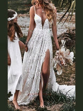 Ball Gown V-neck Tulle Sweep Train Wedding Dress with Split Front