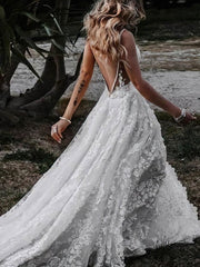 Ball Gown V-neck Tulle Sweep Train Wedding Dress with Split Front