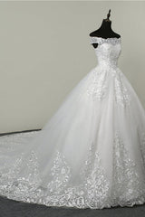 Ball Gown White Tulle Sleeveless Wedding Dresses Off-the-Shoulder Lace Appliques Bridal Gowns-27dress