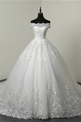 Ball Gown White Tulle Sleeveless Wedding Dresses Off-the-Shoulder Lace Appliques Bridal Gowns-27dress