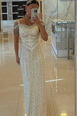 27DRESS Bateau Cap Sleeves Mermaid Evening Dresses with Beading