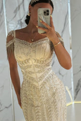 27DRESS Bateau Cap Sleeves Mermaid Evening Dresses with Beading