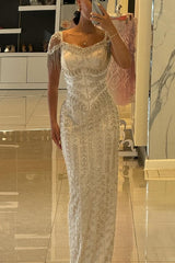 27DRESS Bateau Cap Sleeves Mermaid Evening Dresses with Beading