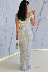 27DRESS Bateau Cap Sleeves Mermaid Evening Dresses with Beading