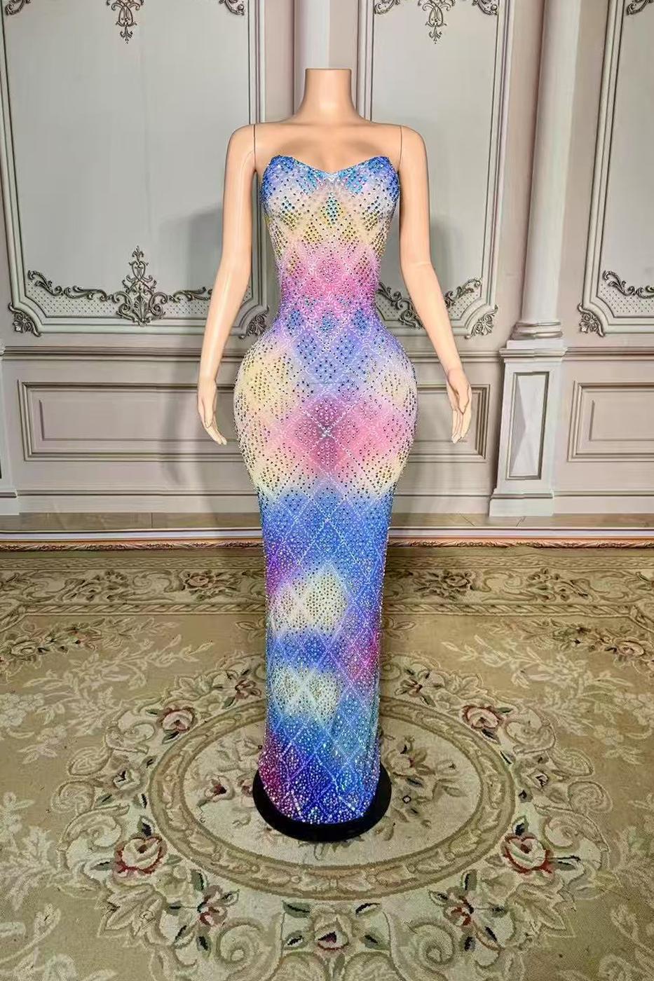 Bateau Sleeveless Sheath Long Tulle Evening Dress with Diamonds-27dress