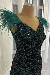 Dark Green V-Neck Sequins Mermaid Evening Dress with Feather