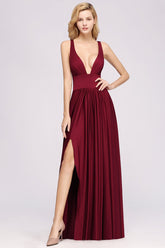 Burgundy Deep V-Neck Chiffon A-Line Bridesmaid Dress