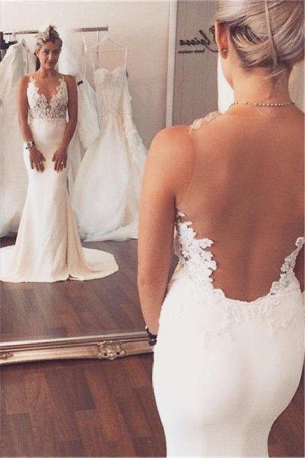 Beach Long Mermaid V-neck Lace Open Back Wedding Dresses-27Dress