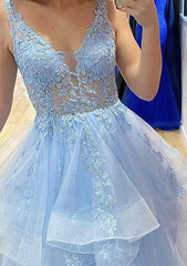 Beaded A-line V Neck Sleeveless Lace Tulle Long Prom Dress-27dress