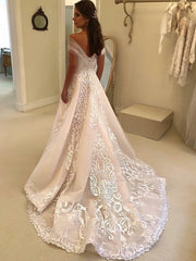 Beaded Court Train Ball Gown Wedding Dress with Off-the-Shoulder Tulle