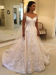 Beaded Court Train Ball Gown Wedding Dress with Off-the-Shoulder Tulle
