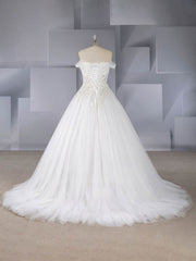 Beaded Off-the-shoulder Court Train Tulle Ball Gown Wedding Dress