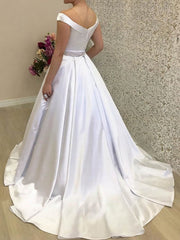 Beaded Off-the-shoulder Satin Sweep Train Ball Gown Wedding Dress