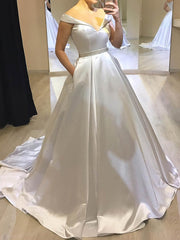 Beaded Off-the-shoulder Satin Sweep Train Ball Gown Wedding Dress
