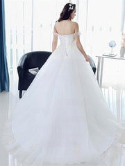 Beaded Off-the-shoulder Tulle Ball Gown Wedding Dress with Sweep Train