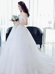 Beaded Off-the-shoulder Tulle Ball Gown Wedding Dress with Sweep Train