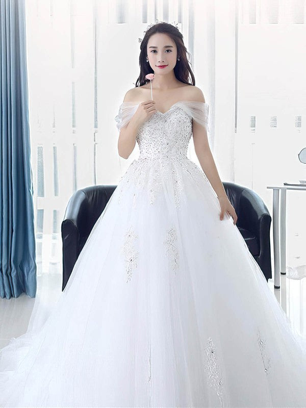 Beaded Off-the-shoulder Tulle Ball Gown Wedding Dress with Sweep Train