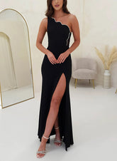 Beaded Satin Prom Dress with Sheath/Column Silhouette and One-Shoulder Sleeveless Design-27dress