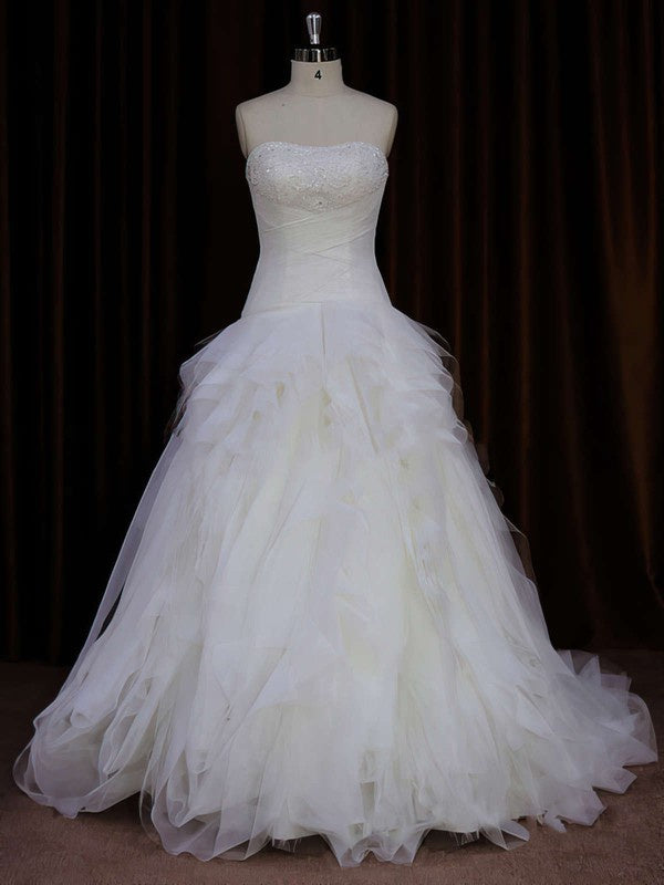 Beaded Straight Tulle Ball Gown Wedding Dress