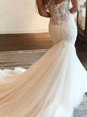 Beaded Sweetheart Trumpet/Mermaid Tulle Sweep Train Wedding Dress